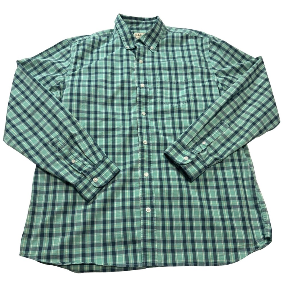 LL Bean Mens L REG Slightly Fitted Plaid Button Down Shirt Green Blue